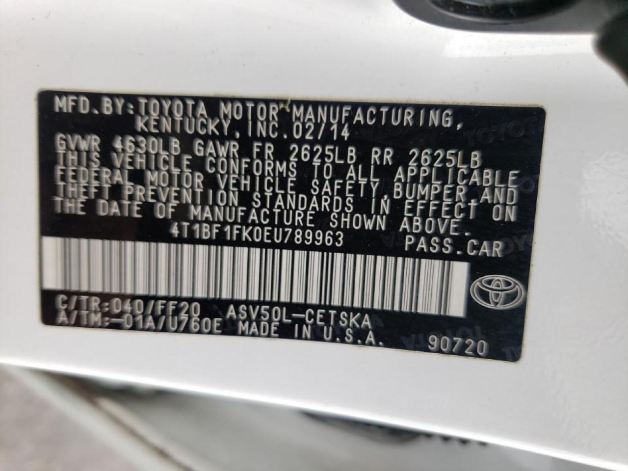Photo 10 from auction – 2014 TOYOTA CAMRY with VIN 4T1BF1FK0EU789963
