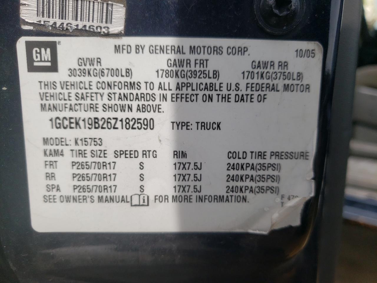 Photo 10 from auction – 2006 CHEVROLET SILVERADO with VIN 1GCEK19B26Z182590