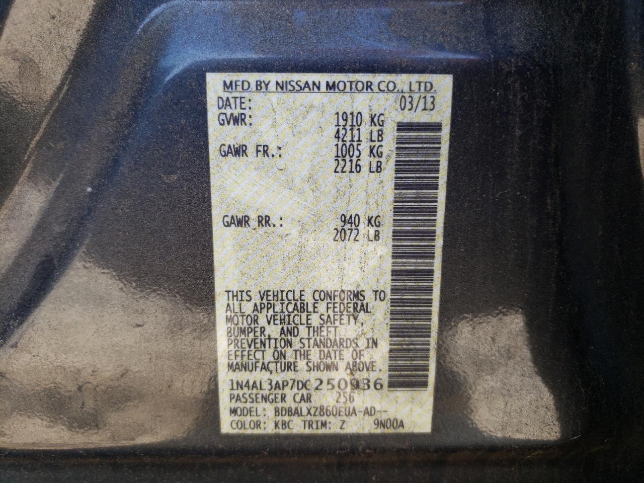 Photo 10 from auction – 2013 NISSAN ALTIMA 2.5 with VIN 1N4AL3AP7DC250936