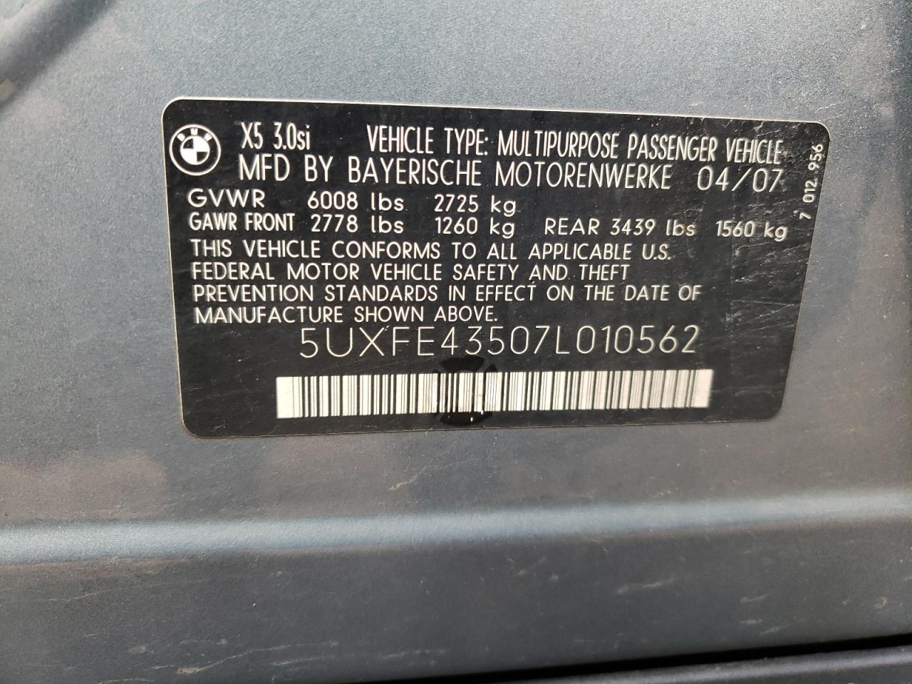 Photo 10 from auction – 2007 BMW X5 3.0I with VIN 5UXFE43507L010562