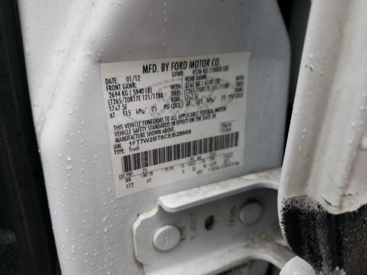 Photo 10 from auction – 2012 FORD F250 SUPER with VIN 1FT7W2BT6CEB28668