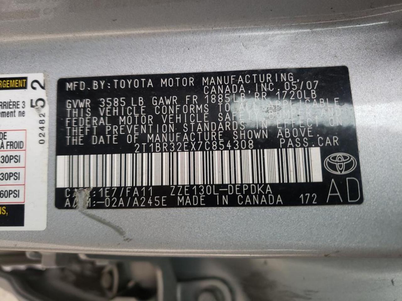 Photo 10 from auction – 2007 TOYOTA COROLLA CE with VIN 2T1BR32EX7C854308