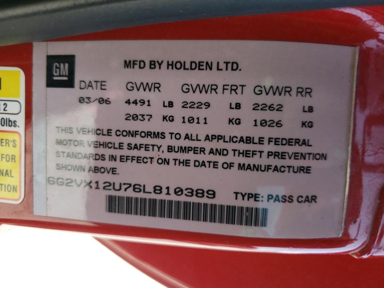 Photo 10 from auction – 2006 PONTIAC GTO with VIN 6G2VX12U76L810389