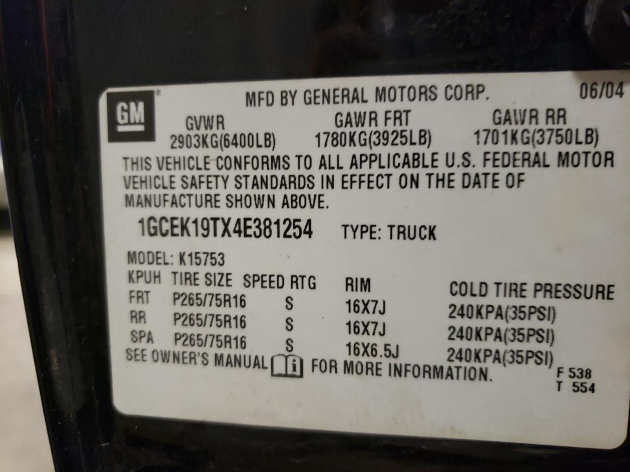 Photo 10 from auction – 2004 CHEVROLET SILVERADO with VIN 1GCEK19TX4E381254
