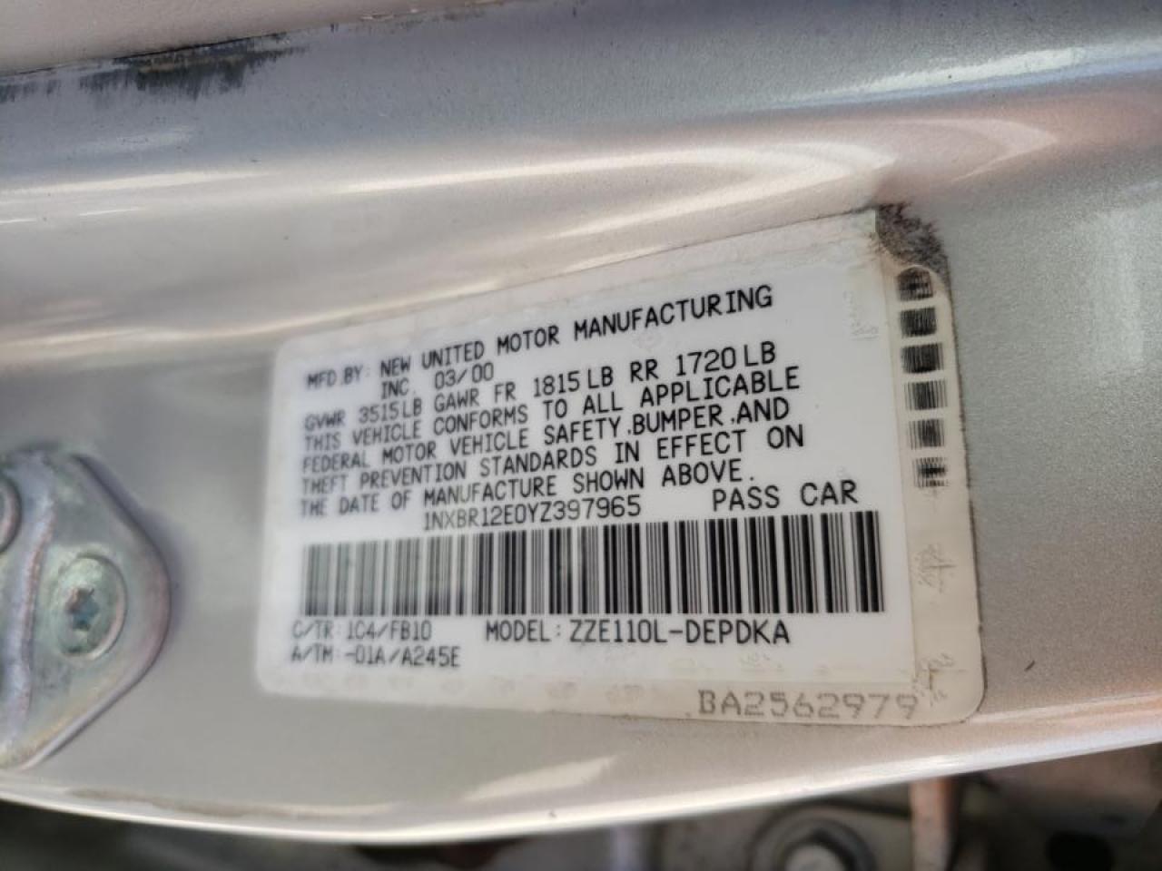 Photo 10 from auction – 2000 TOYOTA COROLLA VE with VIN 1NXBR12E0YZ397965