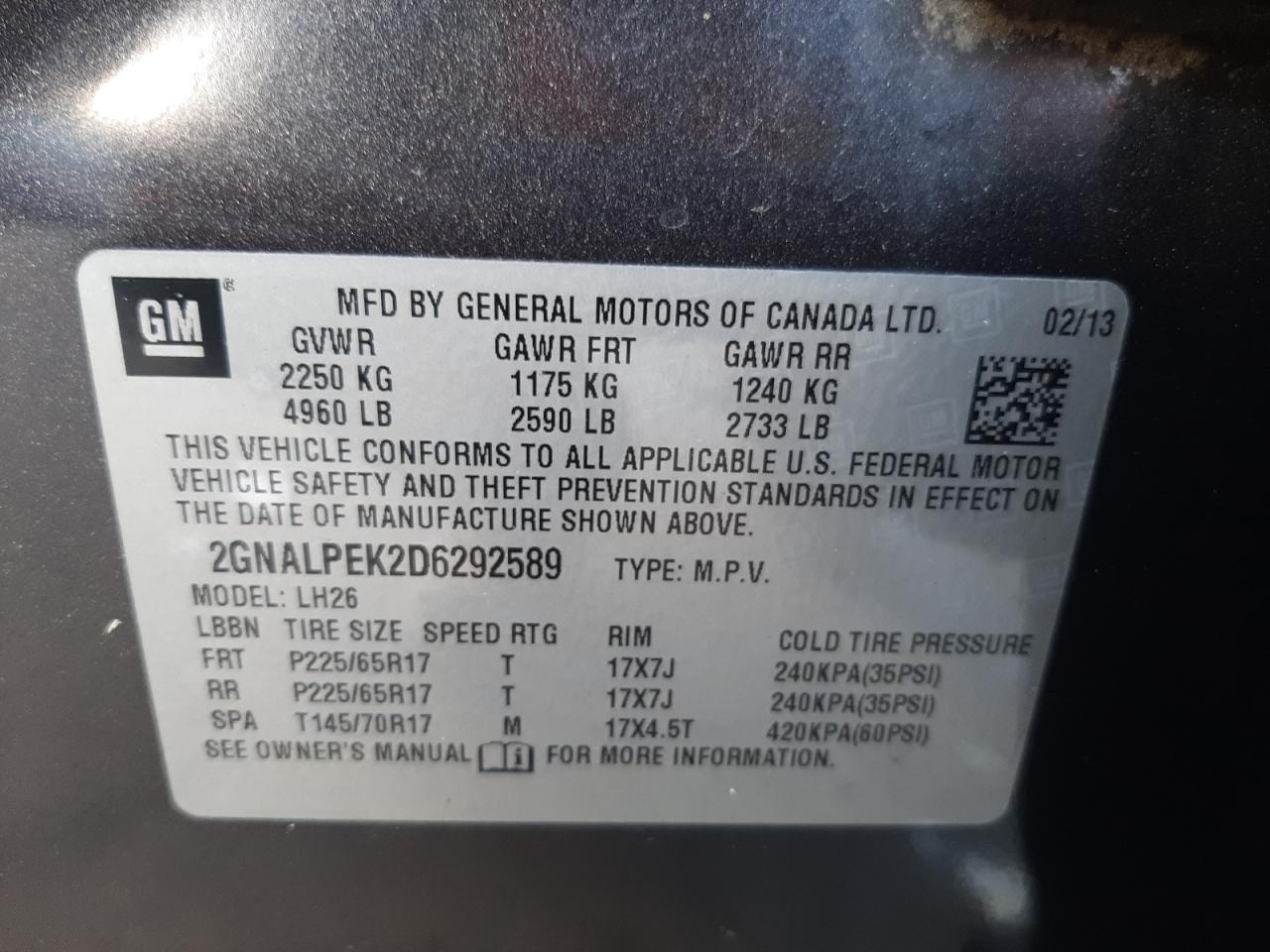 Photo 10 from auction – 2013 CHEVROLET EQUINOX LT with VIN 2GNALPEK2D6292589