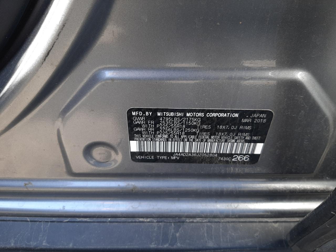 Photo 10 from auction – 2018 MITSUBISHI OUTLANDER with VIN JA4AD2A36JZ052804