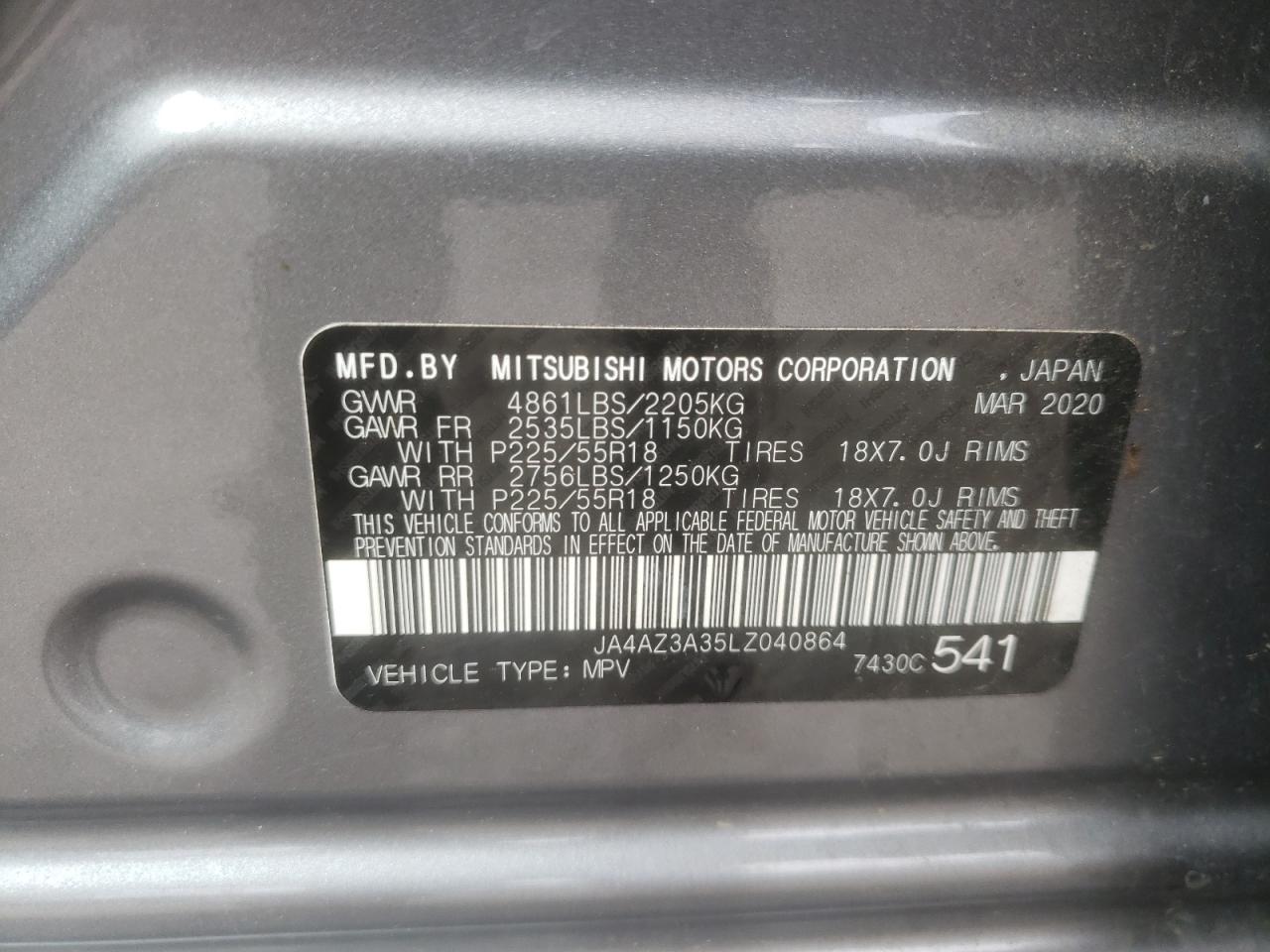 Photo 10 from auction – 2020 MITSUBISHI OUTLANDER with VIN JA4AZ3A35LZ040864