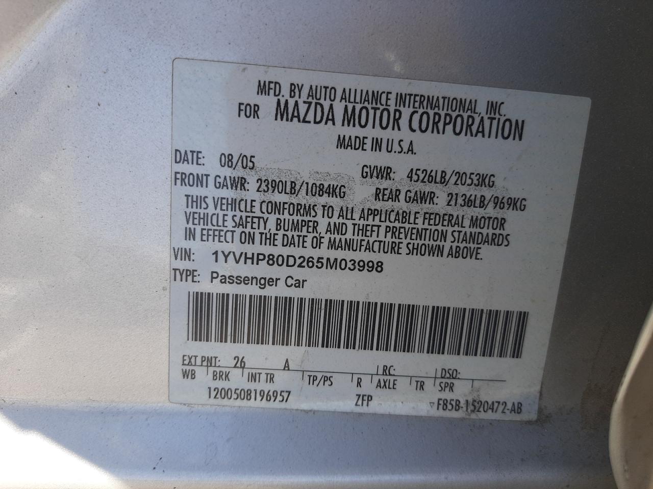Photo 10 from auction – 2006 MAZDA 6 S with VIN 1YVHP80D265M03998
