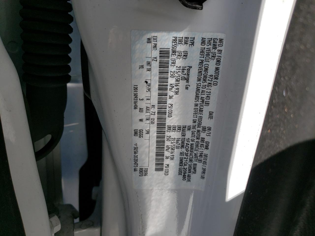 Photo 10 from auction – 2016 FORD FOCUS SE with VIN 1FADP3F21GL209480