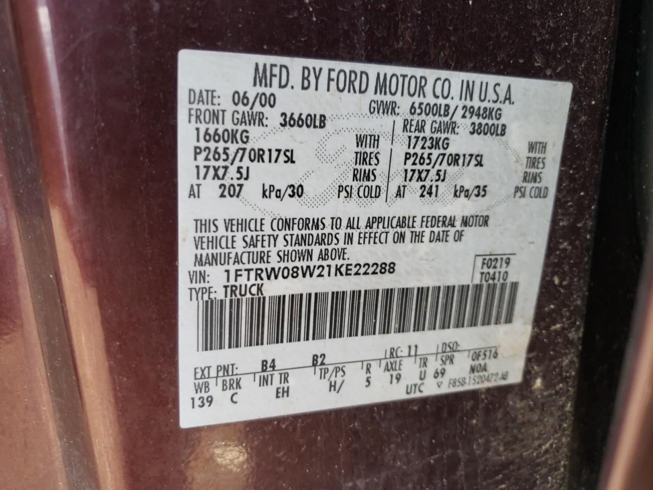 Photo 10 from auction – 2001 FORD F150 SUPER with VIN 1FTRW08W21KE22288