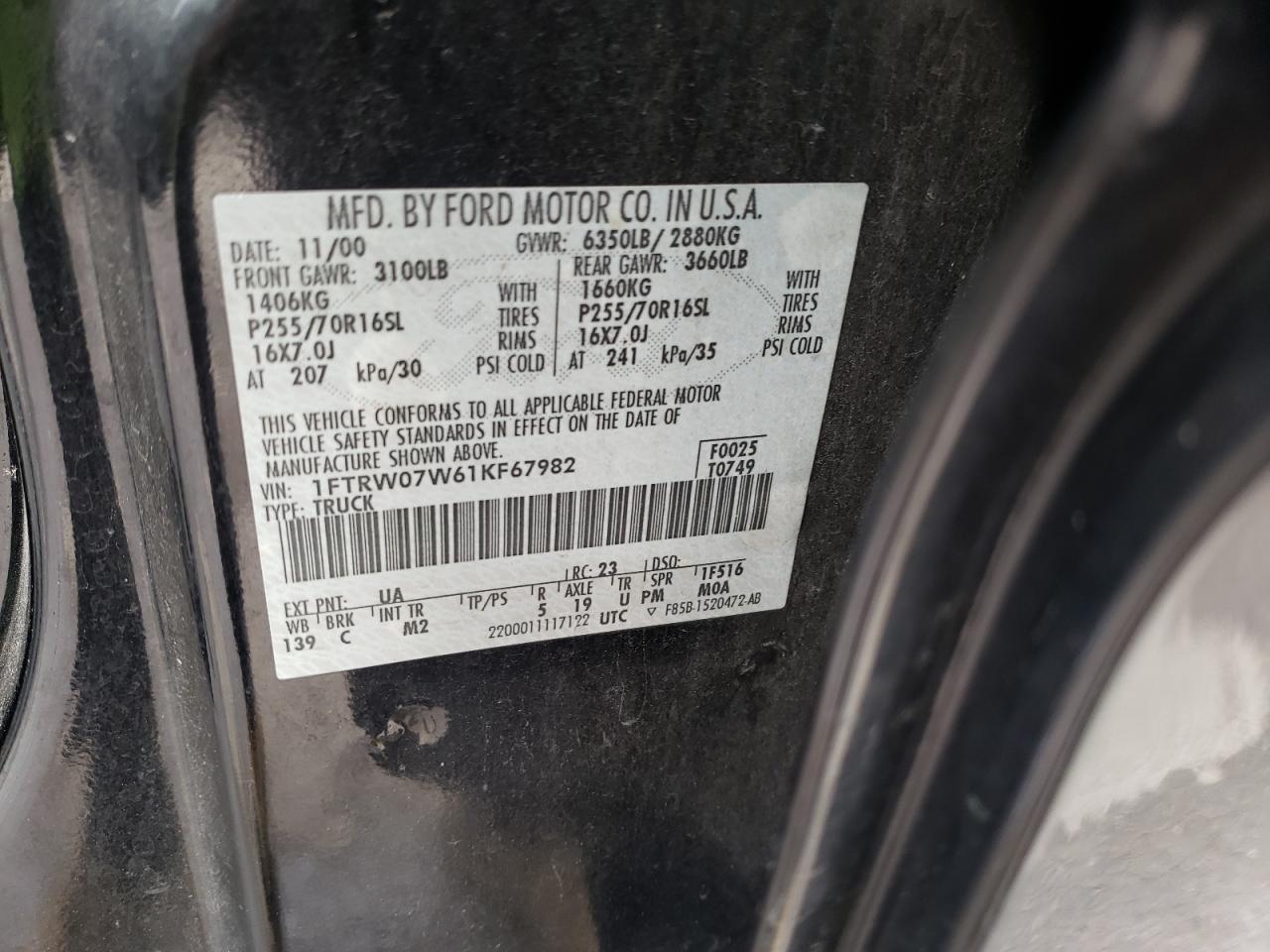 Photo 10 from auction – 2001 FORD F150 SUPER with VIN 1FTRW07W61KF67982