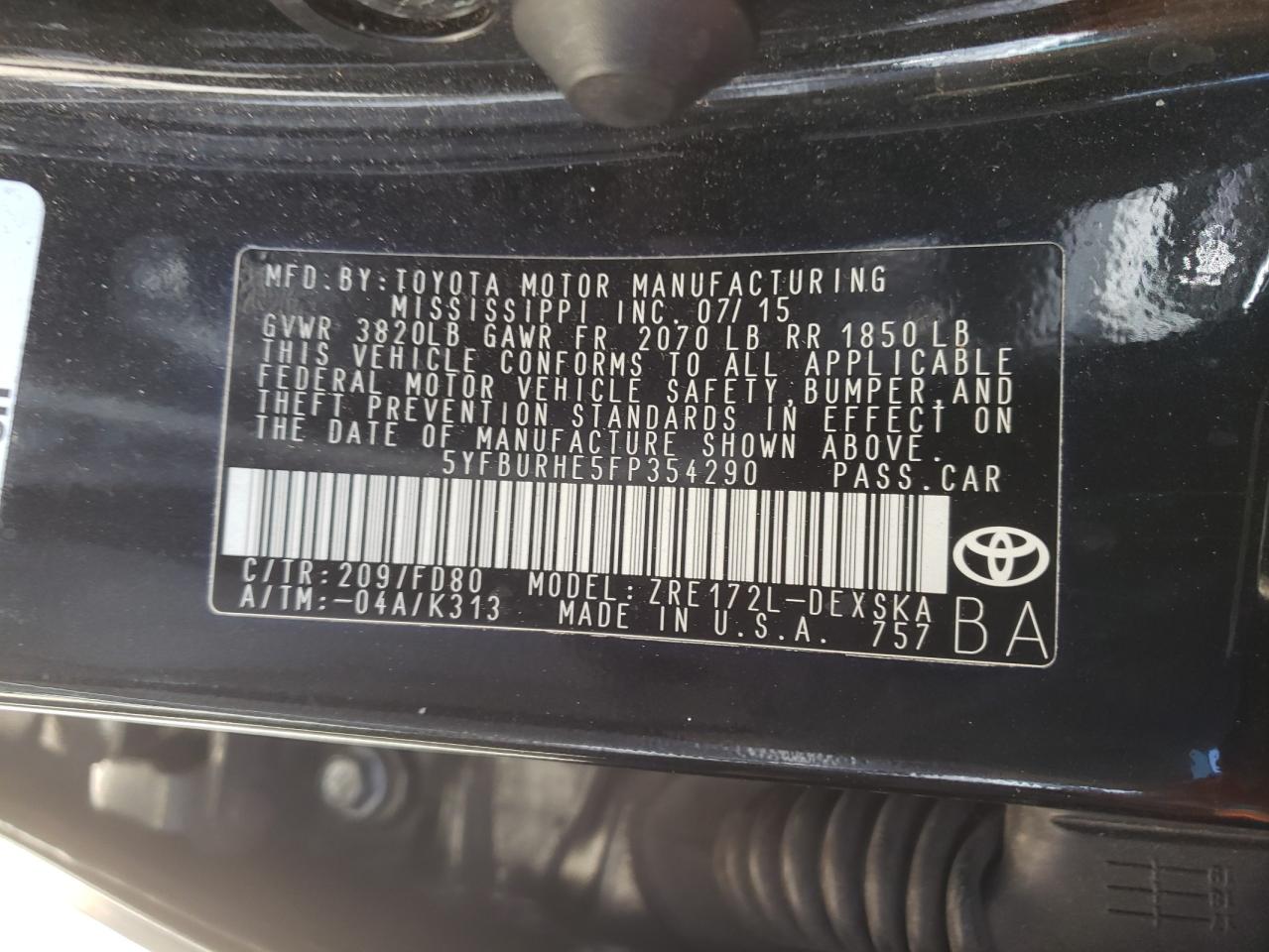 Photo 10 from auction – 2015 TOYOTA COROLLA L with VIN 5YFBURHE5FP354290