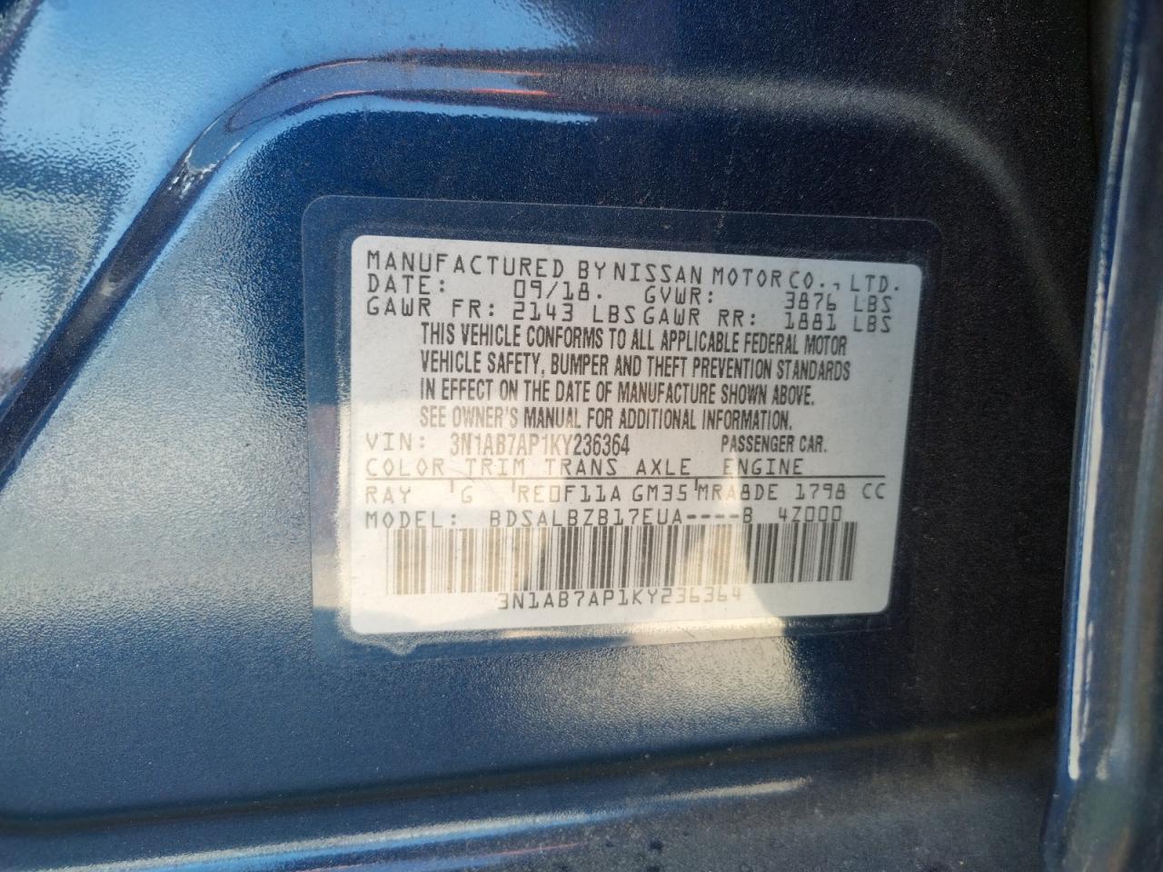 Photo 10 from auction – 2019 NISSAN SENTRA S with VIN 3N1AB7AP1KY236364