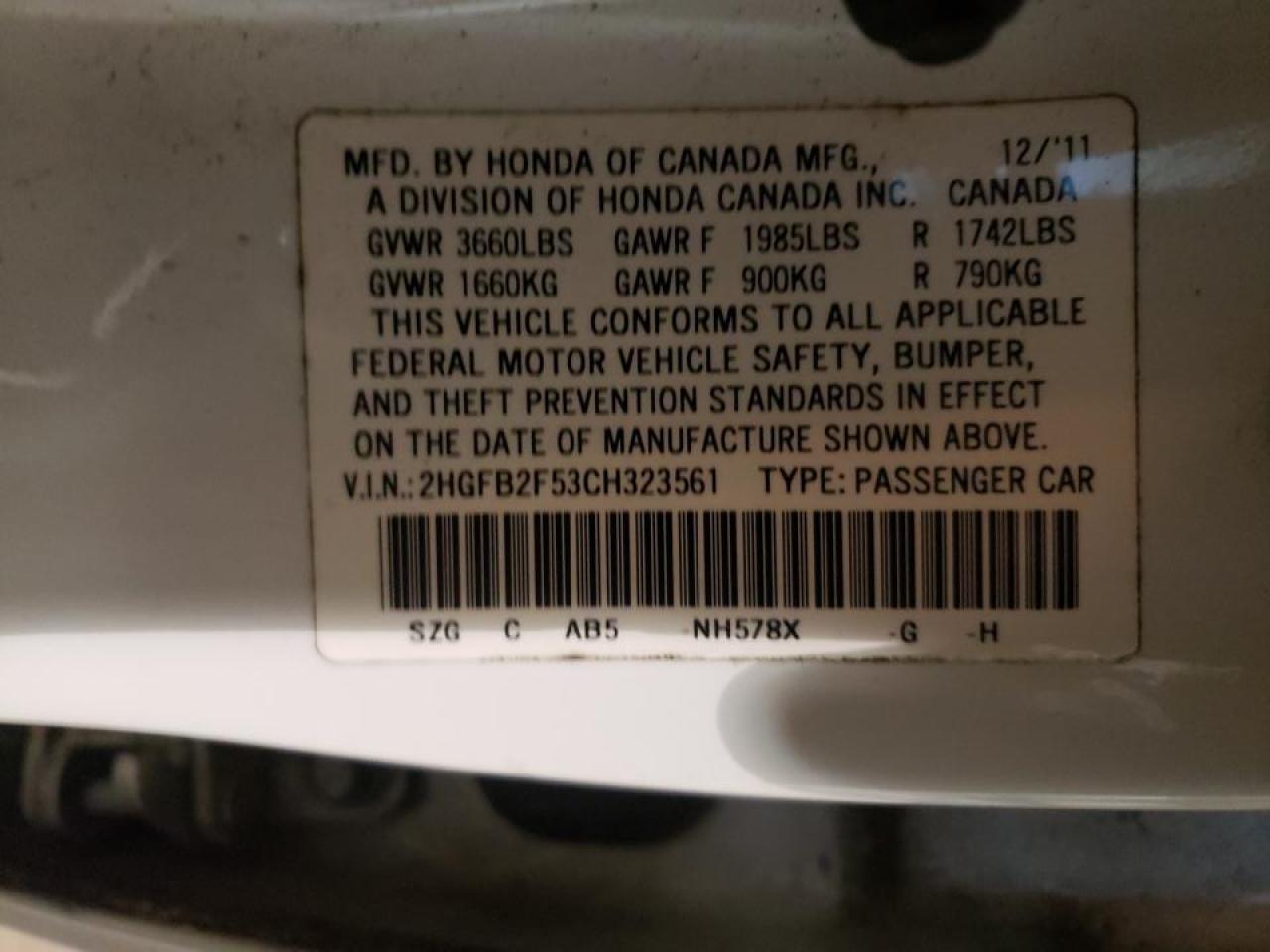 Photo 10 from auction – 2012 HONDA CIVIC LX with VIN 2HGFB2F53CH323561