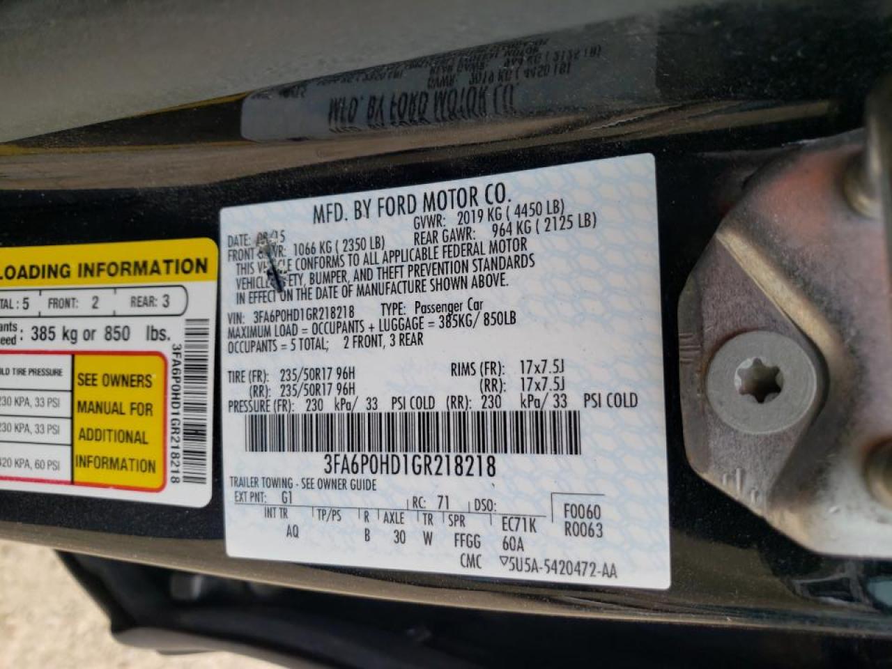 Photo 10 from auction – 2016 FORD FUSION SE with VIN 3FA6P0HD1GR218218