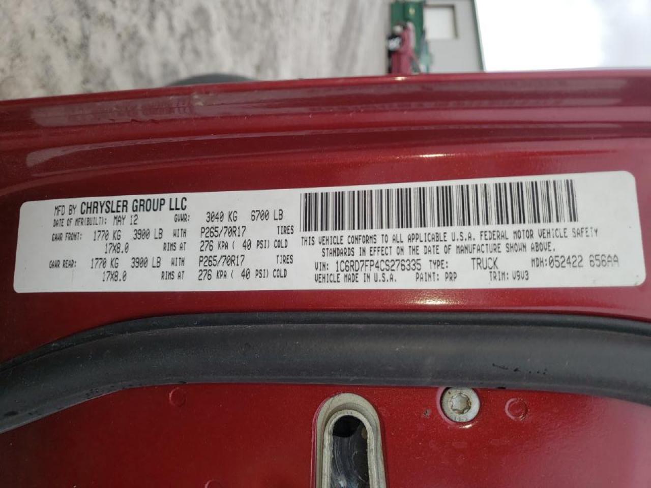 Photo 10 from auction – 2012 DODGE RAM 1500 S with VIN 1C6RD7FP4CS276335