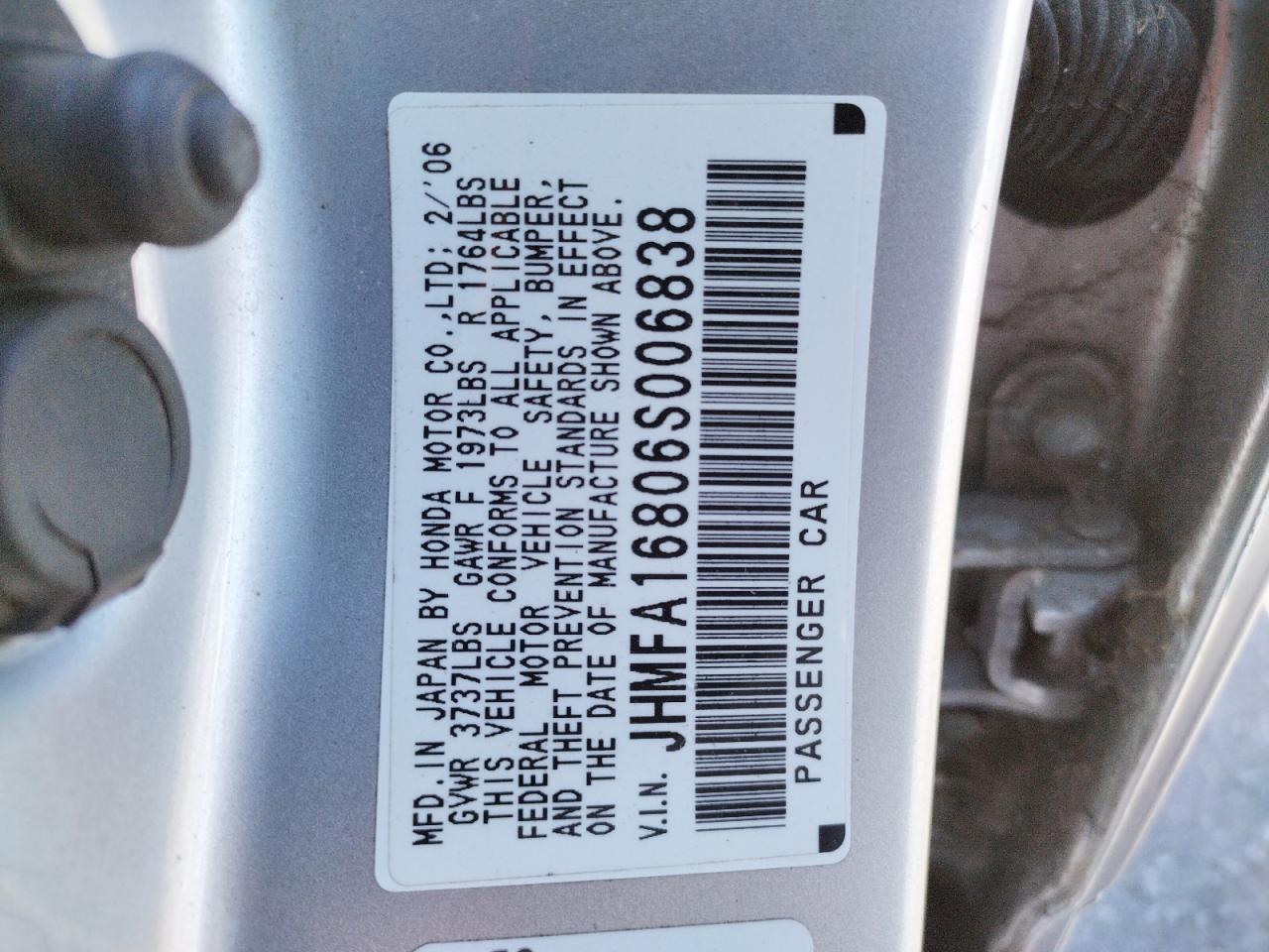 Photo 10 from auction – 2006 HONDA CIVIC EX with VIN JHMFA16806S006838