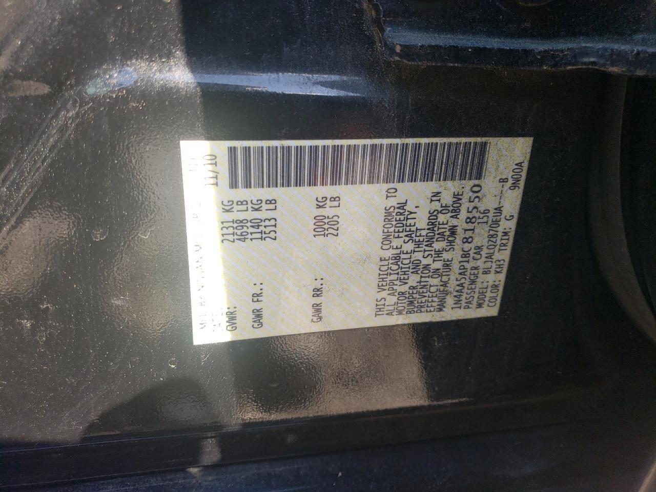 Photo 10 from auction – 2011 NISSAN MAXIMA S with VIN 1N4AA5AP1BC818550