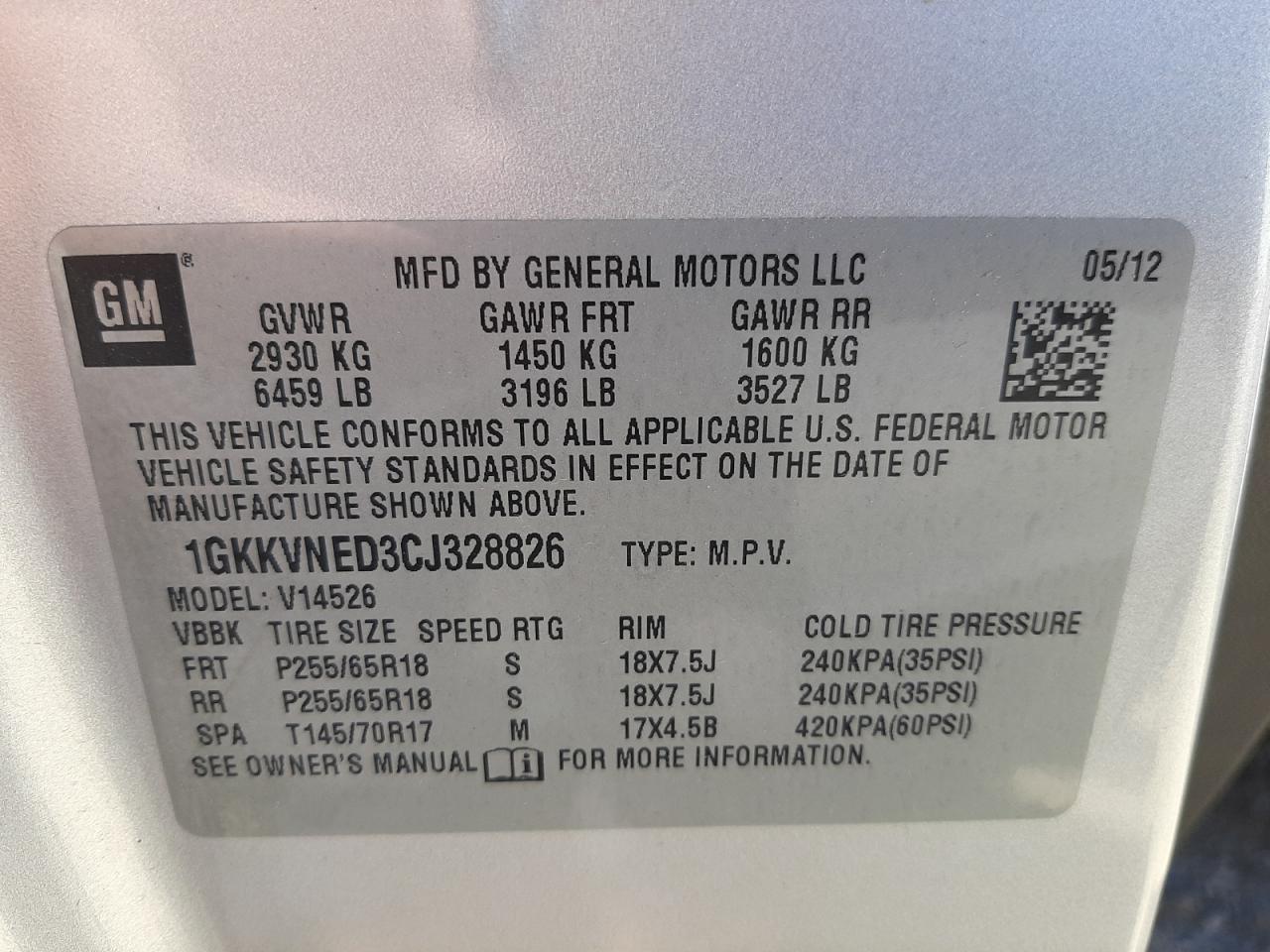 Photo 10 from auction – 2012 GMC ACADIA SLE with VIN 1GKKVNED3CJ328826