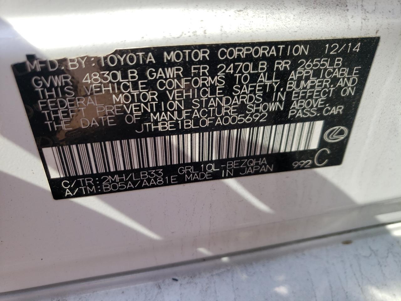 Photo 10 from auction – 2015 LEXUS GS 350 with VIN JTHBE1BL0FA005692