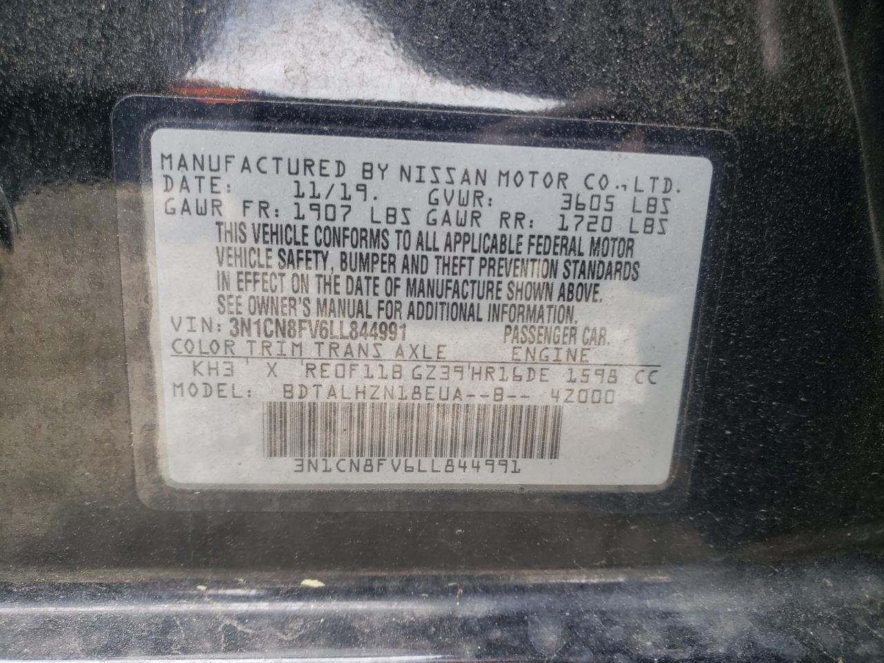Photo 10 from auction – 2020 NISSAN VERSA SR with VIN 3N1CN8FV6LL844991