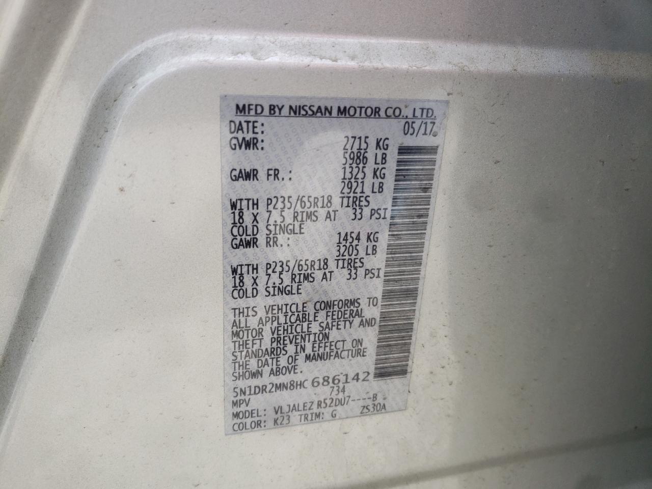 Photo 10 from auction – 2017 NISSAN PATHFINDER with VIN 5N1DR2MN8HC686142