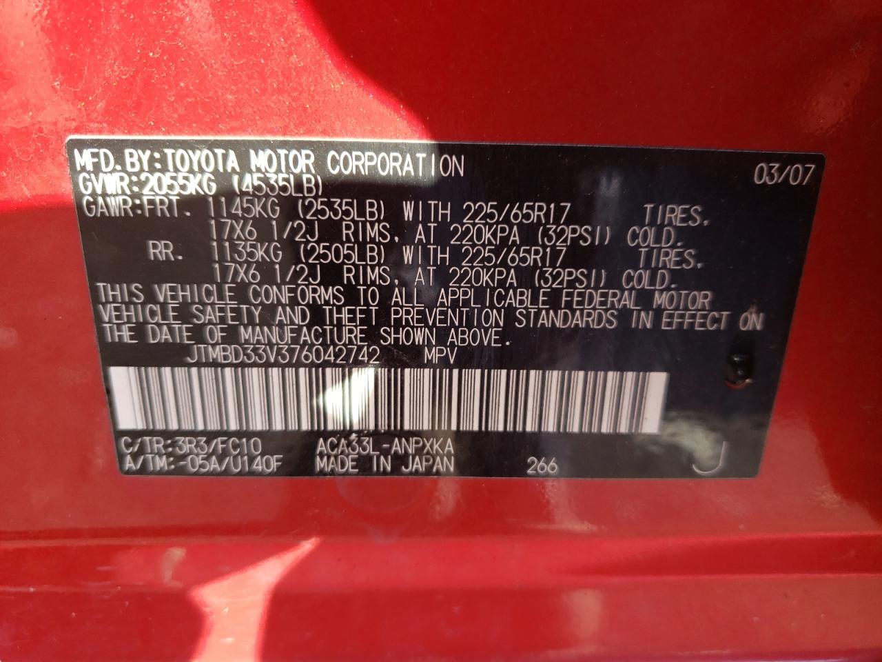 Photo 10 from auction – 2007 TOYOTA RAV4 with VIN JTMBD33V376042742