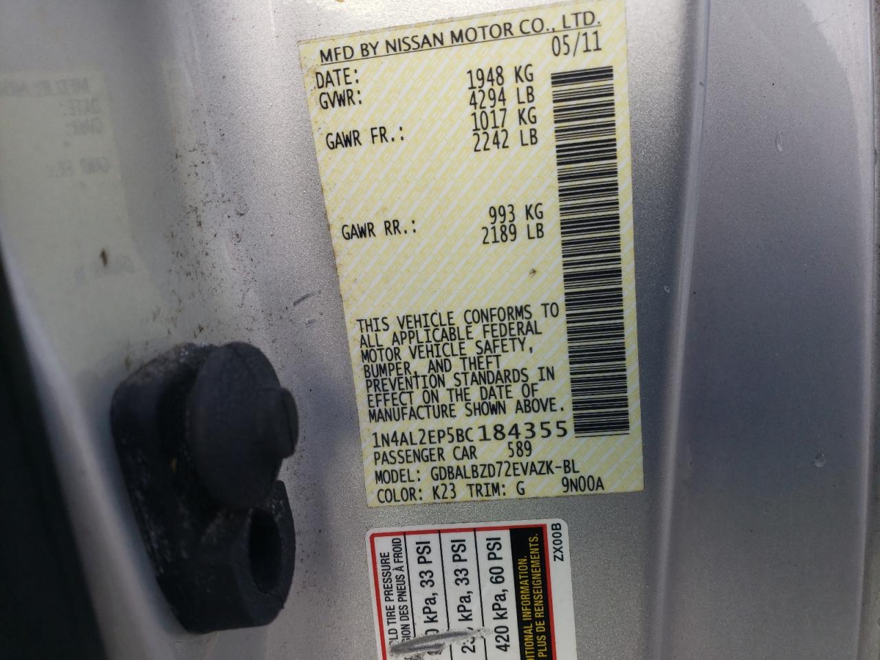 Photo 10 from auction – 2011 NISSAN ALTIMA S with VIN 1N4AL2EP5BC184355