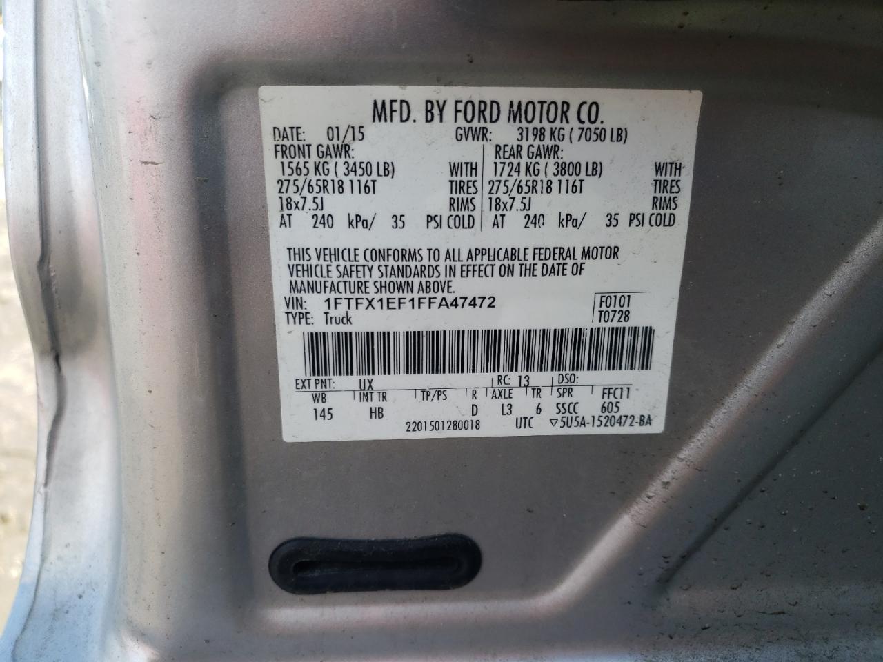Photo 10 from auction – 2015 FORD F150 SUPER with VIN 1FTFX1EF1FFA47472