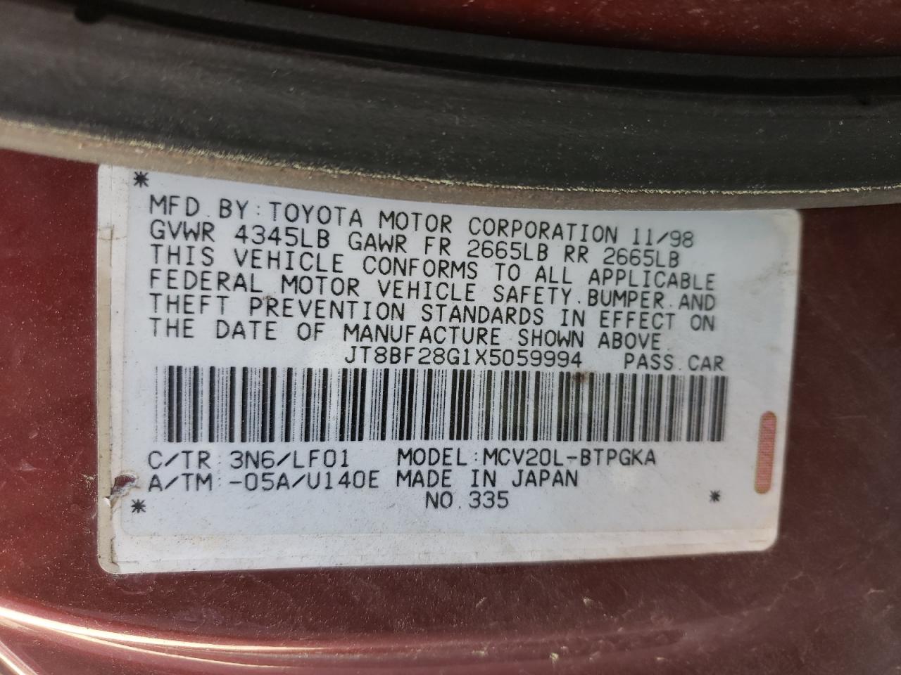 Photo 10 from auction – 1999 LEXUS ES 300 with VIN JT8BF28G1X5059994