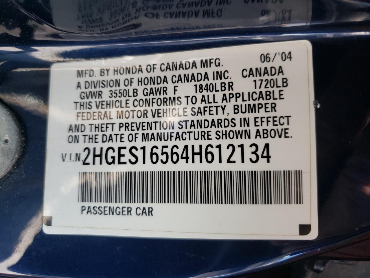 Photo 10 from auction – 2004 HONDA CIVIC LX with VIN 2HGES16564H612134