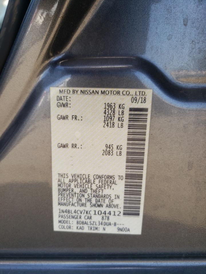 Photo 10 from auction – 2019 NISSAN ALTIMA SR with VIN 1N4BL4CV7KC104412