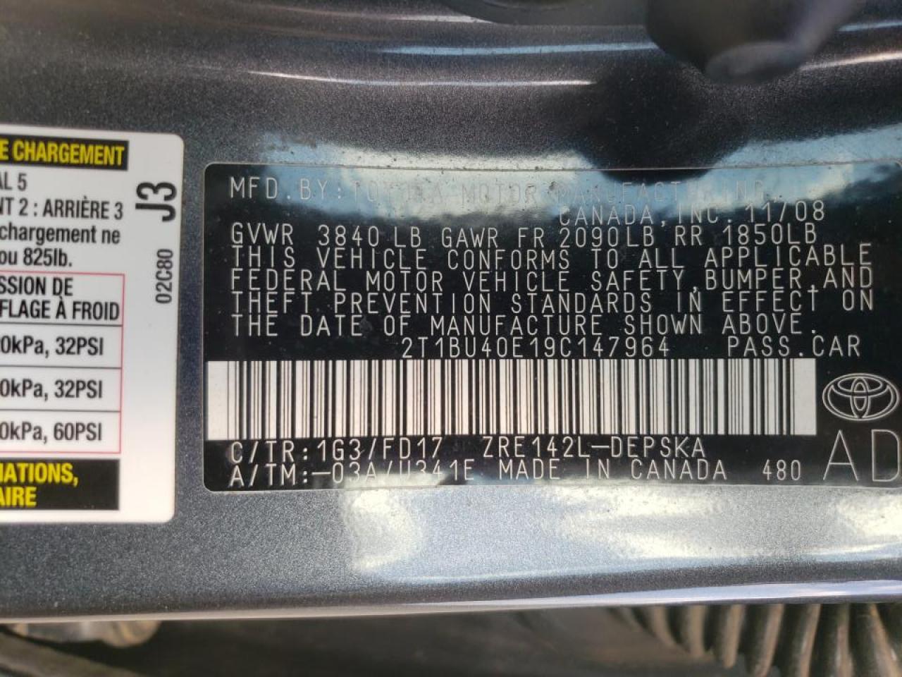 Photo 10 from auction – 2009 TOYOTA COROLLA BA with VIN 2T1BU40E19C147964