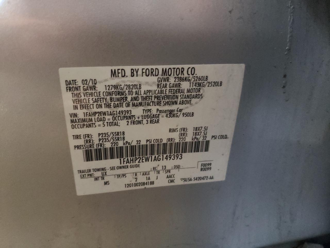 Zdjęcie 10 z aukcji – 2010 FORD TAURUS SEL z VIN 1FAHP2EW1AG149393