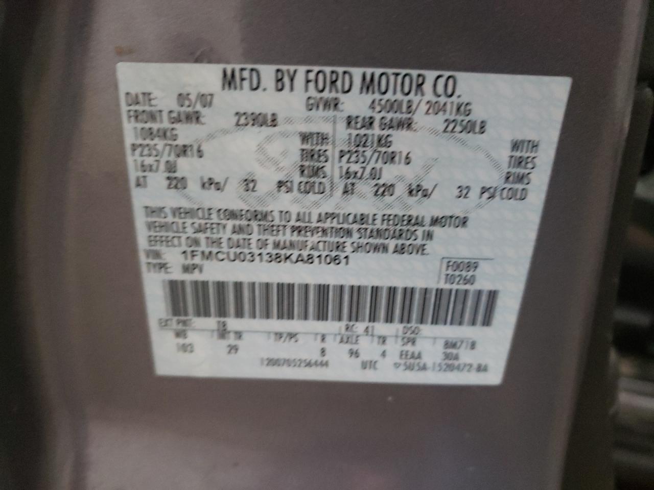 Photo 10 from auction – 2008 FORD ESCAPE XLT with VIN 1FMCU03138KA81061
