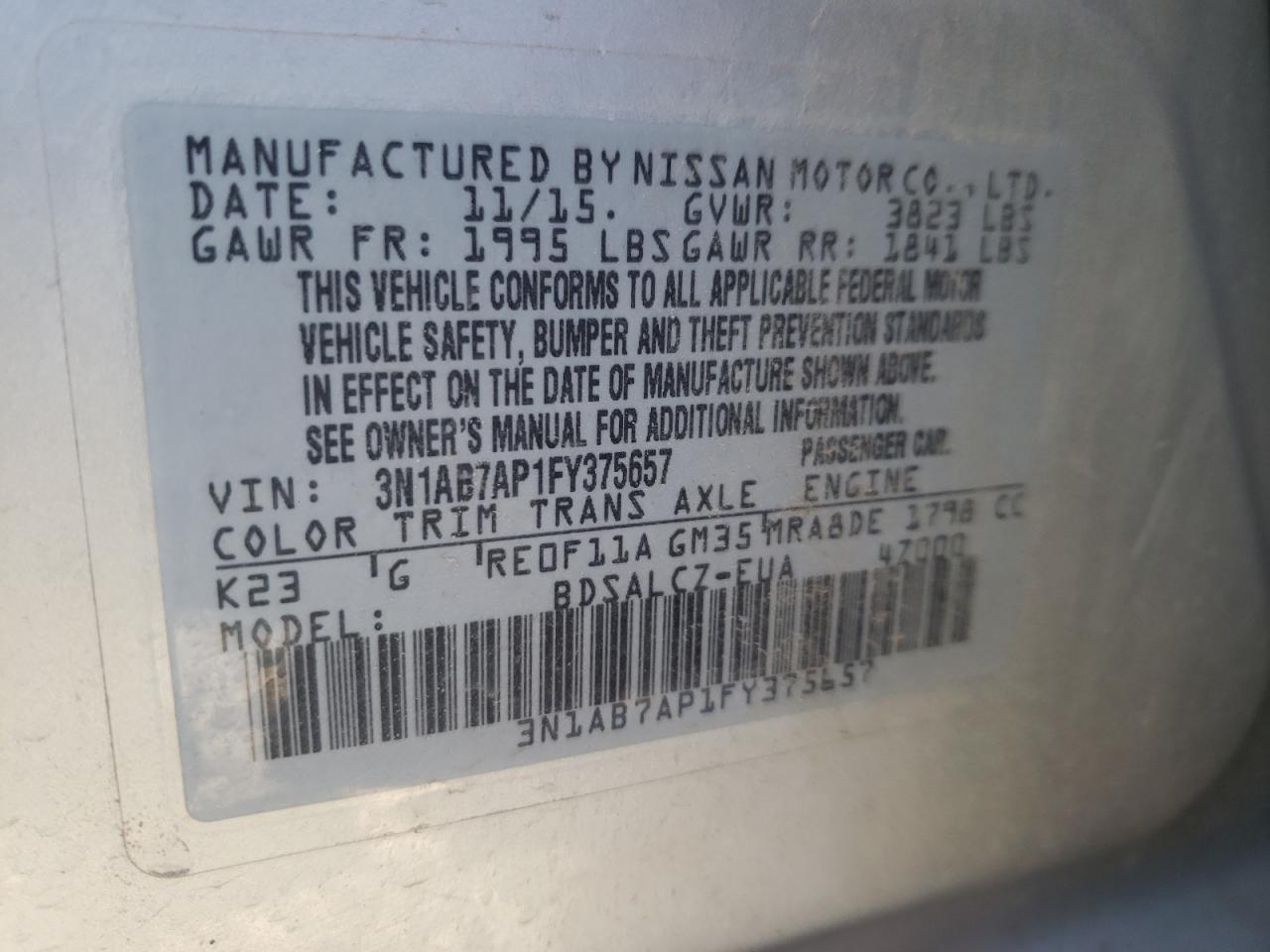 Photo 20 from auction – 2015 NISSAN SENTRA S with VIN 3N1AB7AP1FY375657