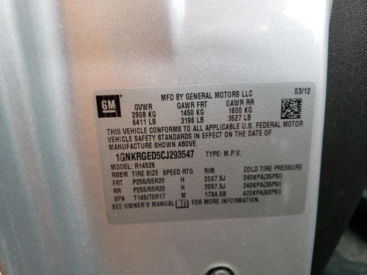 Photo 10 from auction – 2012 CHEVROLET TRAVERSE L with VIN 1GNKRGED5CJ293547