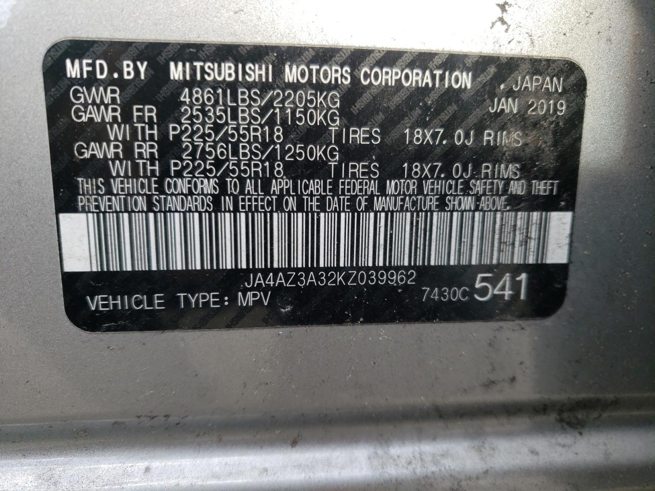 Photo 10 from auction – 2019 MITSUBISHI OUTLANDER with VIN JA4AZ3A32KZ039962