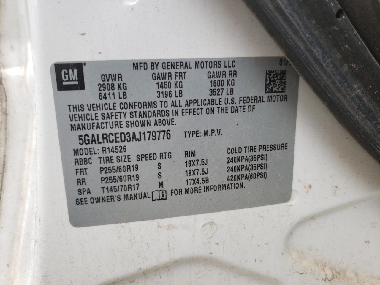 Photo 10 from auction – 2010 BUICK ENCLAVE CX with VIN 5GALRCED3AJ179776