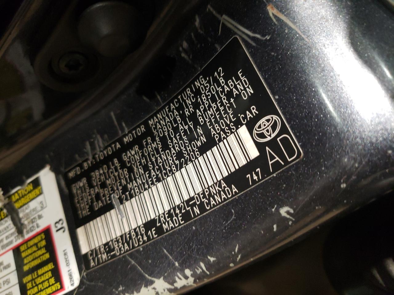 Photo 10 from auction – 2012 TOYOTA COROLLA BA with VIN 2T1BU4EE1CC872206