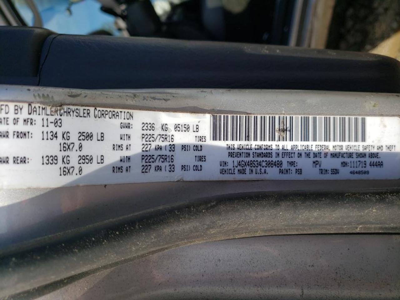 Photo 10 from auction – 2004 JEEP GRAND CHER with VIN 1J4GX48S34C308480