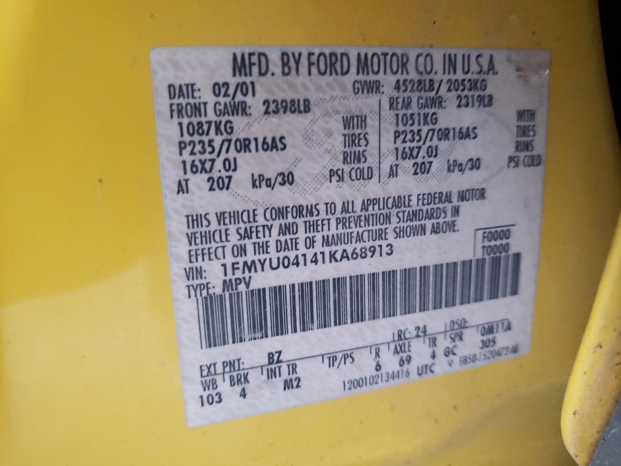 Photo 10 from auction – 2001 FORD ESCAPE XLT with VIN 1FMYU04141KA68913