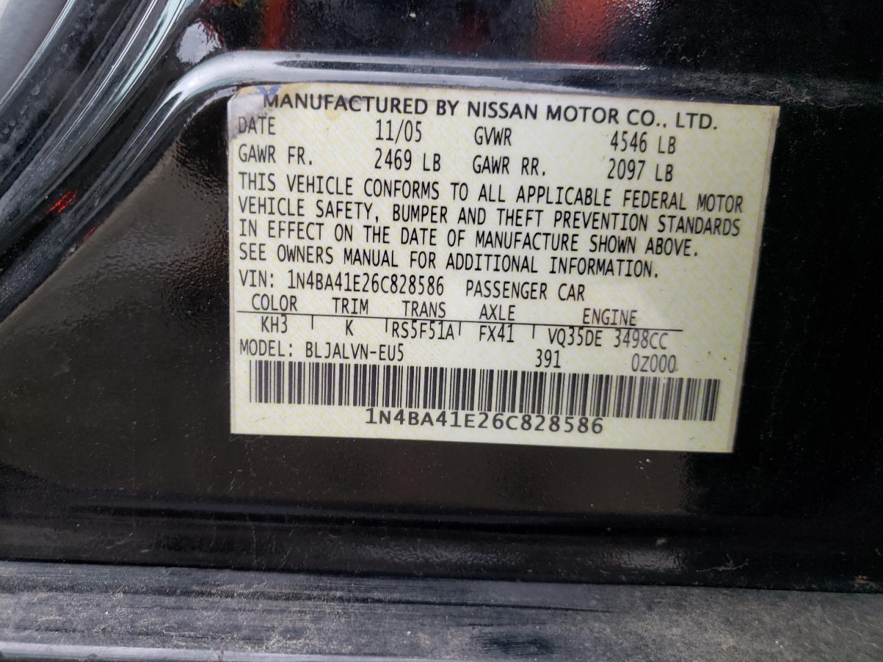 Photo 10 from auction – 2006 NISSAN MAXIMA SE with VIN 1N4BA41E26C828586