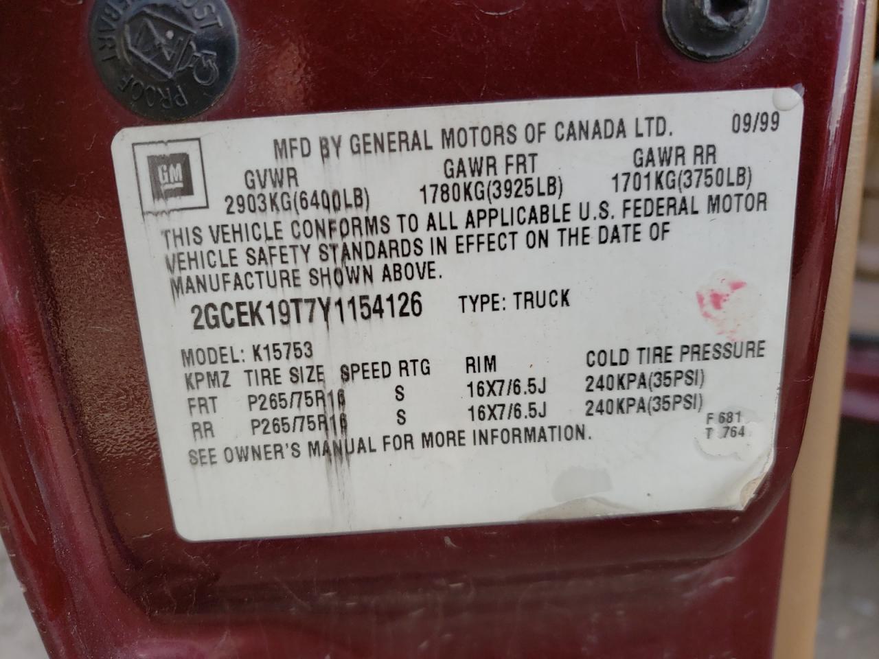 Photo 10 from auction – 2000 CHEVROLET SILVERADO with VIN 2GCEK19T7Y1154126