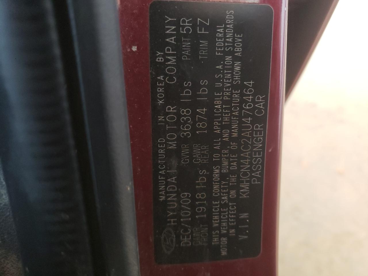 Photo 10 from auction – 2010 HYUNDAI ACCENT GLS with VIN KMHCN4AC2AU476464