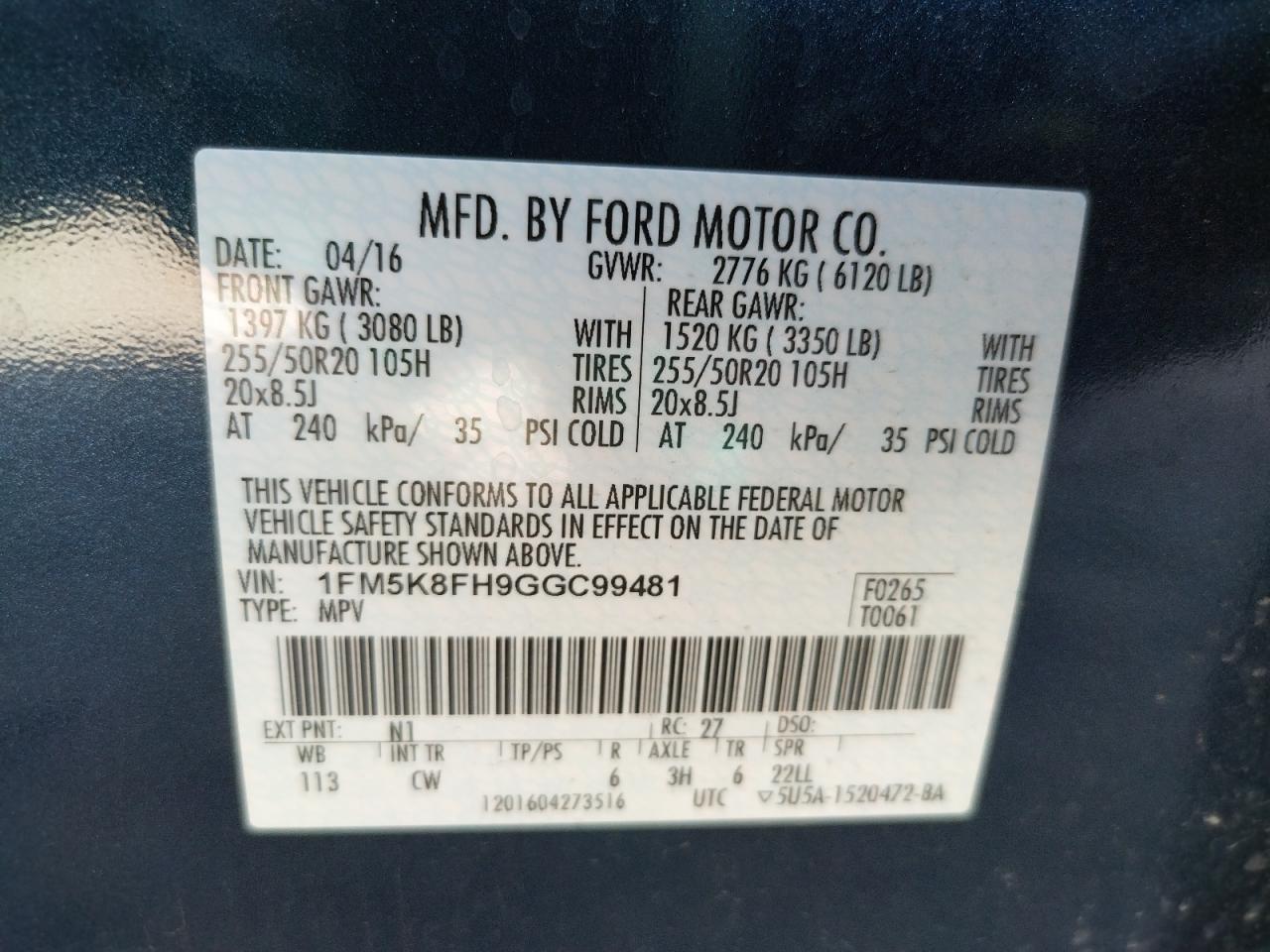 Photo 10 from auction – 2016 FORD EXPLORER L with VIN 1FM5K8FH9GGC99481