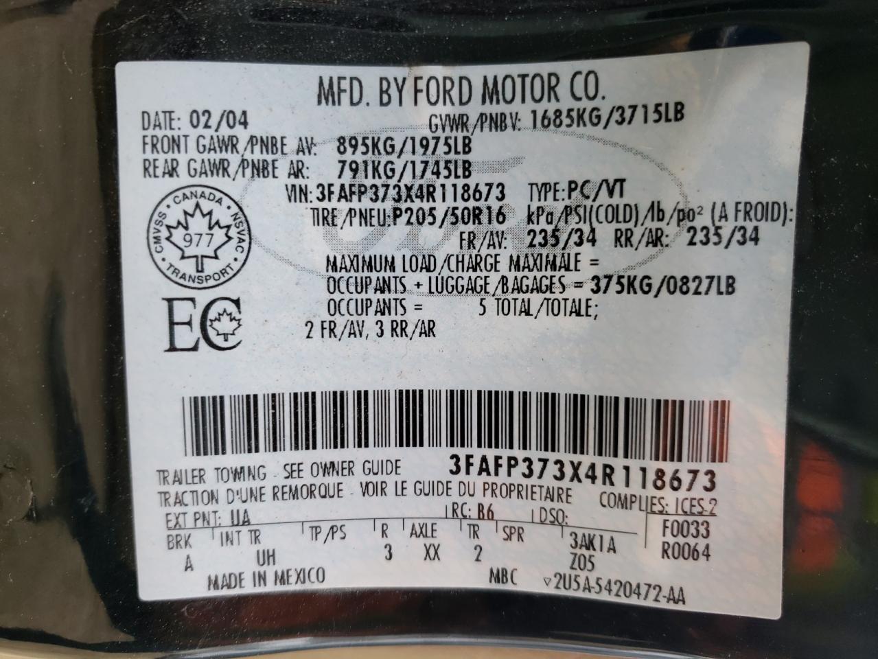 Photo 10 from auction – 2004 FORD FOCUS ZX5 with VIN 3FAFP373X4R118673