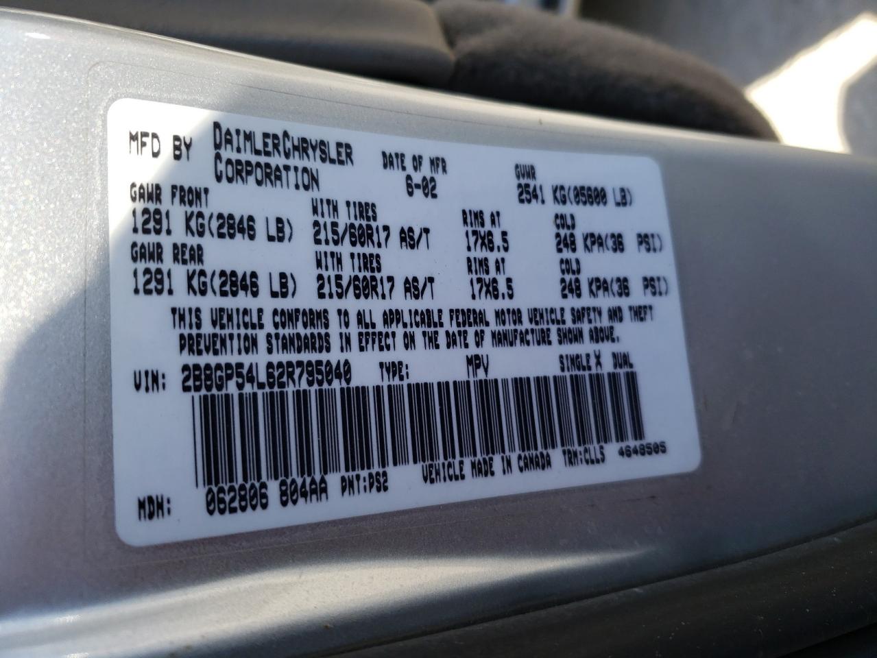 Photo 10 from auction – 2002 DODGE GRAND CARA with VIN 2B8GP54L62R795040