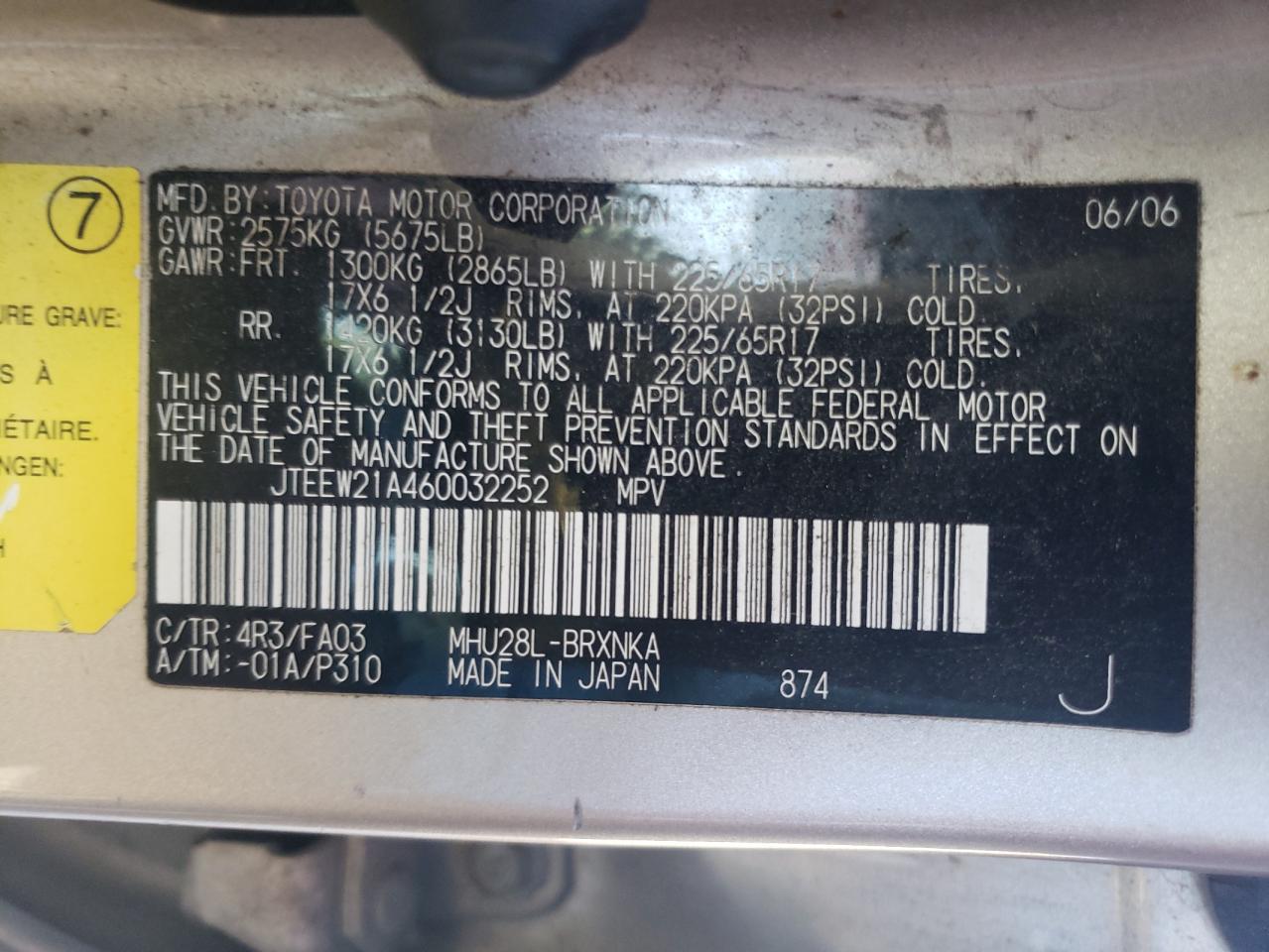 Photo 10 from auction – 2006 TOYOTA HIGHLANDER with VIN JTEEW21A460032252